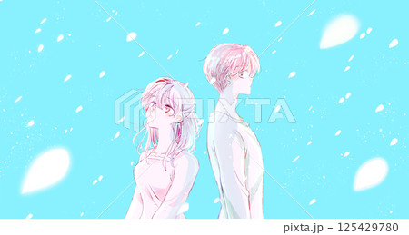 背中合わせの男女　切ない　花吹雪 125429780