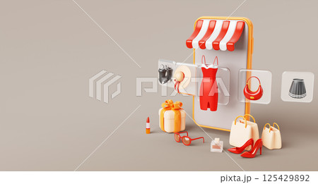 3d online fashion shop banner. Render smartphone with dress, shoes, skirt on swipe glass screen for choose women clothes in internet store app with shopping bag, gift box and cosmetic. 3D illustration 3d online fashion shop banner. Render smartphone with dress, shoes, skirt on swipe glass screen for choose women clothes in internet store app with shopping bag, gift box and cosmetic. 3D illustration 125429892