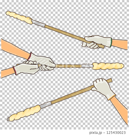 一組戴著手套的手拿著未烤過的麵包棒的插圖 125430023