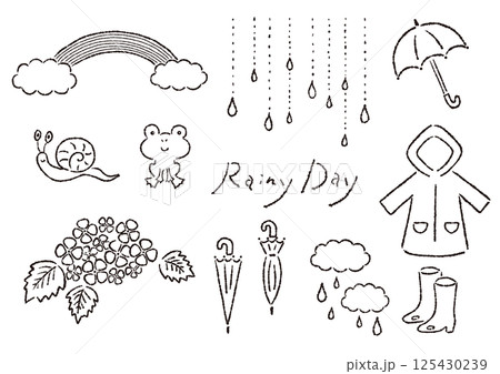 雨の日モチーフのモノクロ手描きイラスト素材セット 125430239