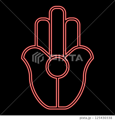 Neon symbol Natib Qadish Kappu palm Hamsa Levantian neo paganism neopaganism religious symbol Hand indian paganism red color vector illustration image flat style 125430338