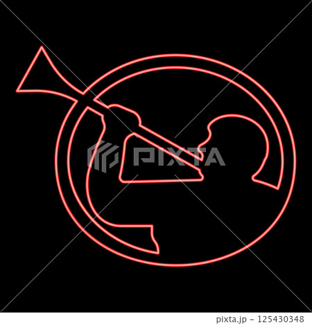 Neon mormon symbol Church of Jesus Christ of Saints of Last Days Angel of Mormonism sign Moroni religion Morony man blowing trumpet silhouette red color vector illustration image flat style 125430348