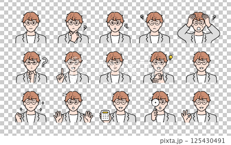A set of various facial expressions of a young business person wearing glasses 125430491