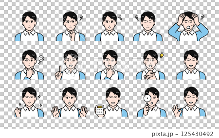 一組穿著羊毛衫的年輕男子的各種面部表情 125430492