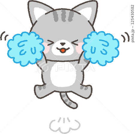 ポンポンを持って応援するサバトラネコ 125430582