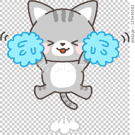 ポンポンを持って応援するサバトラネコ 125430582