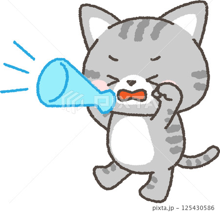 メガホンを持って叫ぶサバトラネコ 125430586