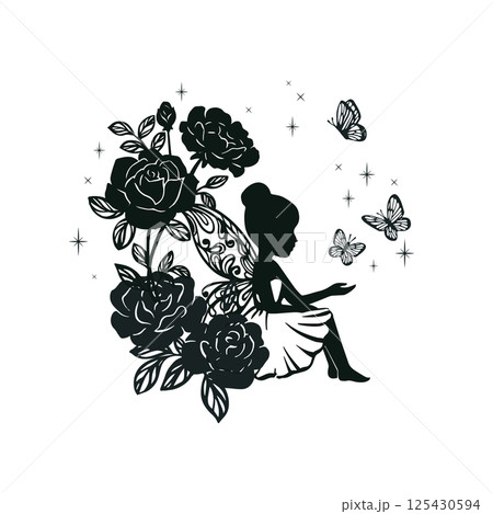Silhouette of a fairy with flowers. 125430594