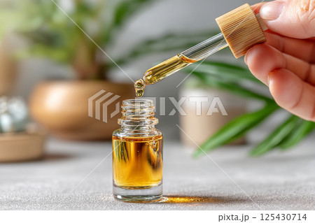 Hand holding dropper with essential oil above glass bottle 125430714