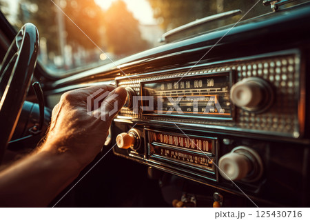 Hand tuning retro car radio on vintage dashboard 125430716
