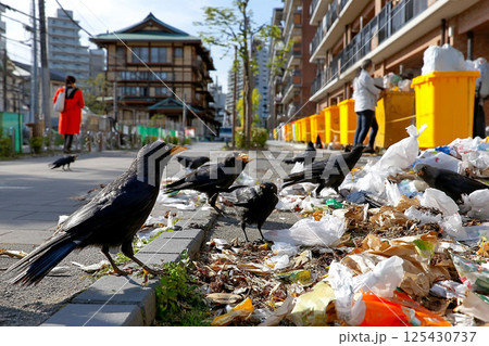 街中でゴミを荒らすカラスと増え続ける都市の環境問題 125430737