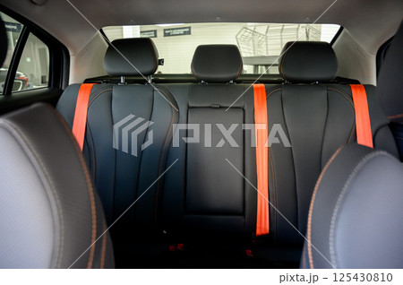 Interior of a modern car with black leather seats Interior of a modern car with black leather seats 125430810
