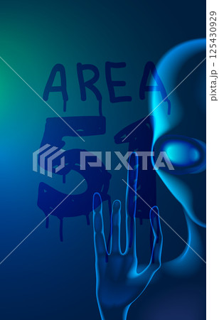 An alien in prison in a glass cell writes on the fogged glass words area 51. Background or poster for World UFO Day. Area 51 in Nevada. The head of an alien with big eyes. Hands with long fingers. 125430929