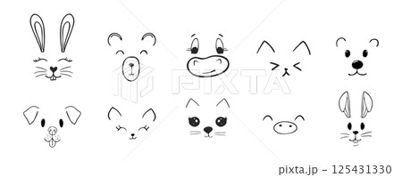 Cute animal faces, pet comic doodle with expressions. Set heads with delicious lick tongue, mouth, adorable emotions. Comic cartoon or kawaii fanny pet 125431330