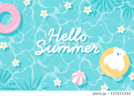 夏のプールに浮かぶ浮き輪をつけたシロクマと花の背景イラスト 夏のプールに浮かぶ浮き輪をつけたシロクマと花の背景イラスト 125431344