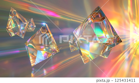 A series of colorful, triangular shaped glass pieces are floating in the air 125431411