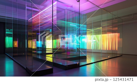 A room with a lot of glass and neon lights 125431471