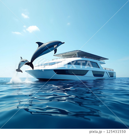 Dolphins Leaping Near a Floating Solar-Powered Res 125431550