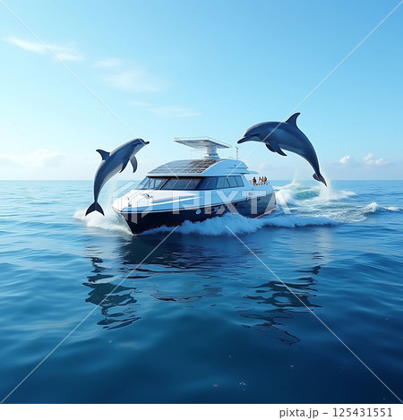 Dolphins Leaping Near a Floating Solar-Powered Res 125431551