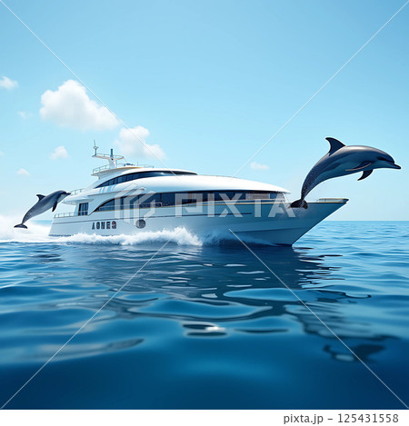 Dolphins Leaping Near a Floating Solar-Powered Res Dolphins Leaping Near a Floating Solar-Powered Res 125431558