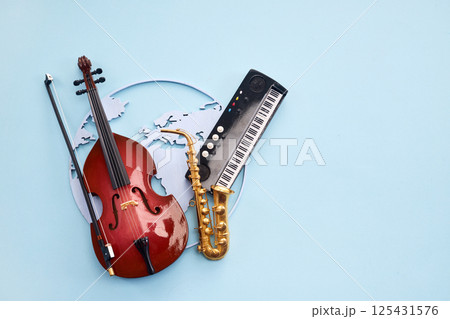 Jazz day. Musical Instruments on Blue 125431576