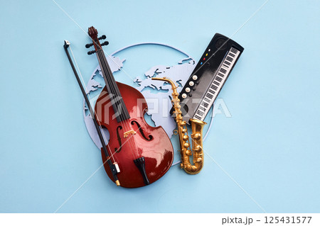 Jazz day. Musical Instruments on Blue. Musical World Jazz day. Musical Instruments on Blue. Musical World 125431577
