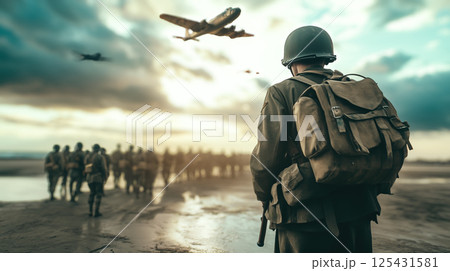 Cinematic of World War II soldiers. Military operation and War Concept. Generative Ai. 125431581