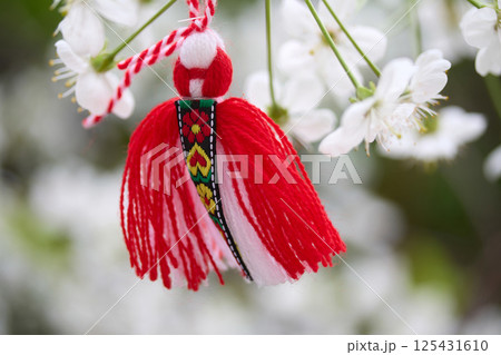 Bulgarian traditional spring decor Martenitsa on the cherry blossom tree. Baba Marta holiday. 125431610
