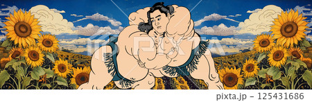 相撲取りとひまわり畑 125431686