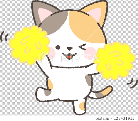 Calico cat cheering with pom-poms 125431913