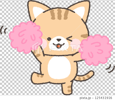 Brown tabby cat cheering with pom-poms 125431916