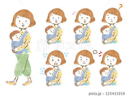 赤ちゃんを抱っこ紐で抱っこしたママの表情セット 125431919