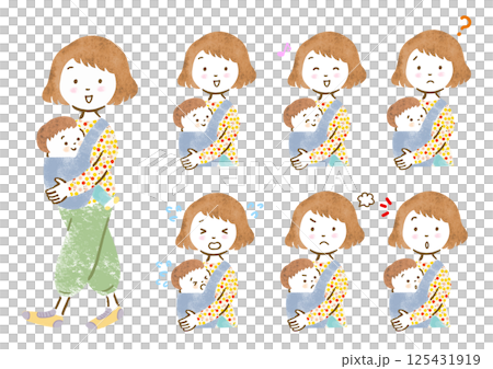 Set of facial expressions of a mother holding a baby in a baby carrier Set of facial expressions of a mother holding a baby in a baby carrier 125431919