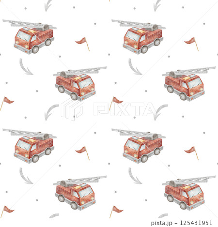 Pattern fire engine, flag, arrow, car boy. Watercolor illustration hand drawn in cartoon style. Seamless print children on background for textile, fabric, packaging, wallpaper, clothes, birthday card Pattern fire engine, flag, arrow, car boy. Watercolor illustration hand drawn in cartoon style. Seamless print children on background for textile, fabric, packaging, wallpaper, clothes, birthday card 125431951
