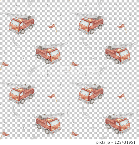 Pattern fire engine, flag, arrow, car boy. Watercolor illustration hand drawn in cartoon style. Seamless print children on background for textile, fabric, packaging, wallpaper, clothes, birthday card Pattern fire engine, flag, arrow, car boy. Watercolor illustration hand drawn in cartoon style. Seamless print children on background for textile, fabric, packaging, wallpaper, clothes, birthday card 125431951