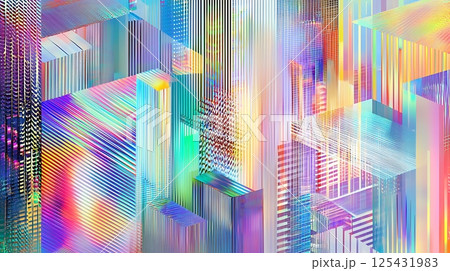 A colorful abstract painting of a cityscape with buildings and a sky 125431983