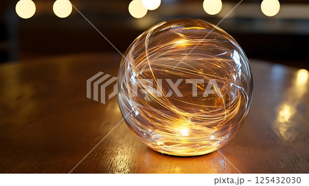 A glass sphere with a light inside of it sits on a wooden table A glass sphere with a light inside of it sits on a wooden table 125432030