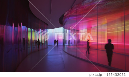 A group of people walk through a brightly lit, colorful hallway A group of people walk through a brightly lit, colorful hallway 125432031