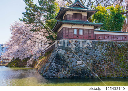 桜が咲き開いたお堀の石垣上に建つ二の丸 125432140
