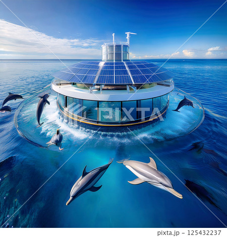 Dolphins Leaping Near a Floating Solar-Powered Res 125432237