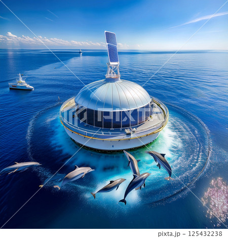 Dolphins Leaping Near a Floating Solar-Powered Res 125432238