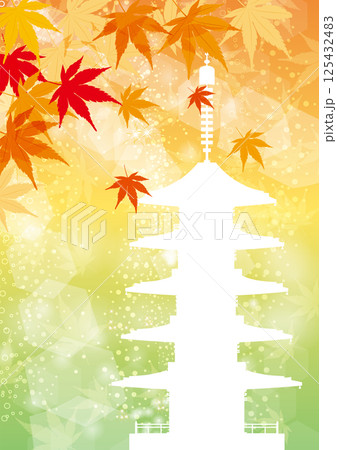 秋の日本のイメージの和風のイラスト　紅葉もみじと五重塔　京都　奈良 125432483