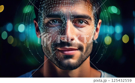 Advanced facial recognition technology analyzes features in a vibrant city setting at night Advanced facial recognition technology analyzes features in a vibrant city setting at night 125432559