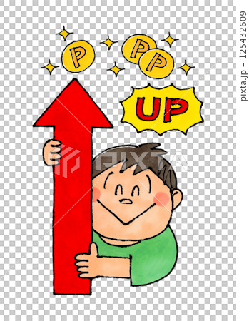 男孩拿著一個向上的箭頭（指向上方） 125432609