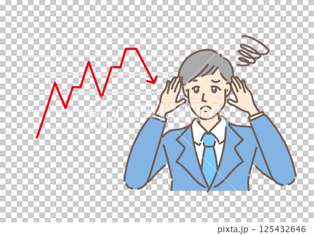 一位商人看著商業圖表，對數字的下降感到不安，他抱著頭，陷入沉思 125432646