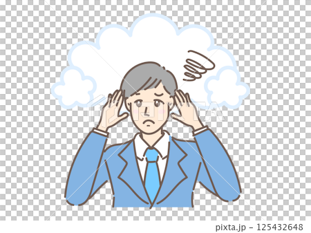 A businessman who is faced with work problems and troubles, has a troubled expression, holds his head and thinks deeply A businessman who is faced with work problems and troubles, has a troubled expression, holds his head and thinks deeply 125432648