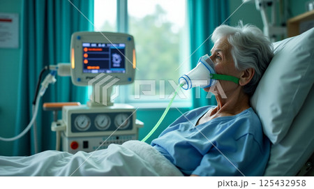 Elderly woman in ICU chair receiving care and monitoring in a hospital room during recovery 125432958