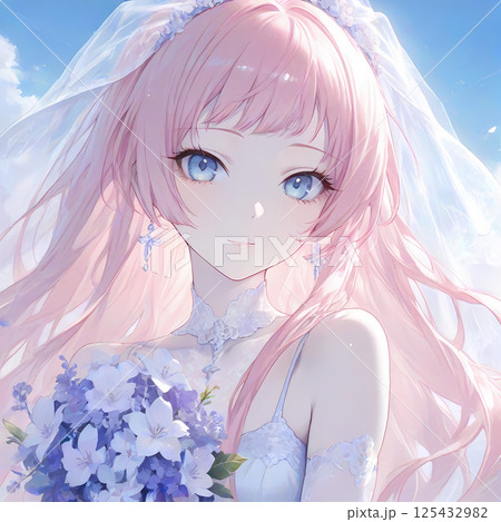 夏の花嫁。純白のウェディングドレスを着たピンク色の髪の少女。漫画風のAIイラスト 夏の花嫁。純白のウェディングドレスを着たピンク色の髪の少女。漫画風のAIイラスト 125432982