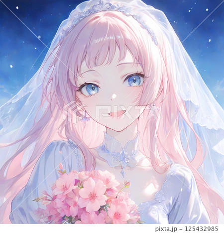 冬の花嫁。純白のウェディングドレスを着たピンク色の髪の少女。漫画風のAIイラスト 125432985
