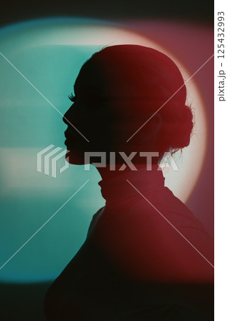 Woman profile black silhouette portrait in RGB color split effect style 125432993
